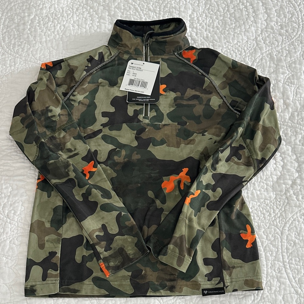 NWT Obermeyer boys Camouflage Half-Zip Pullover Orange baselayer large 14/16
